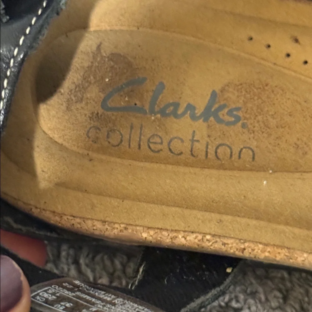 Clarks Collection Roseville Cove Women 6.5 Leather Sandial Shoe Black Strap Flat